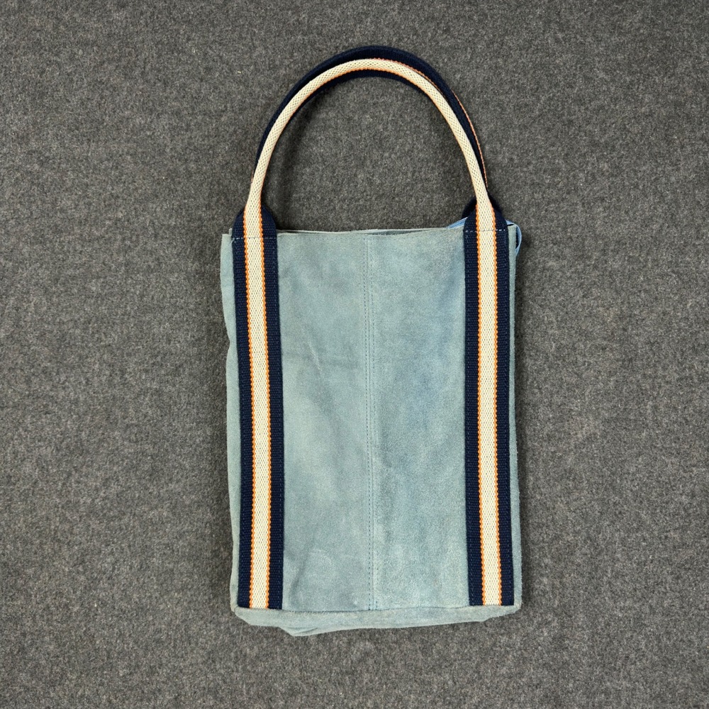 Borse In Pelle Italian Blue Suede Tote Bag with Striped Webbing Trim